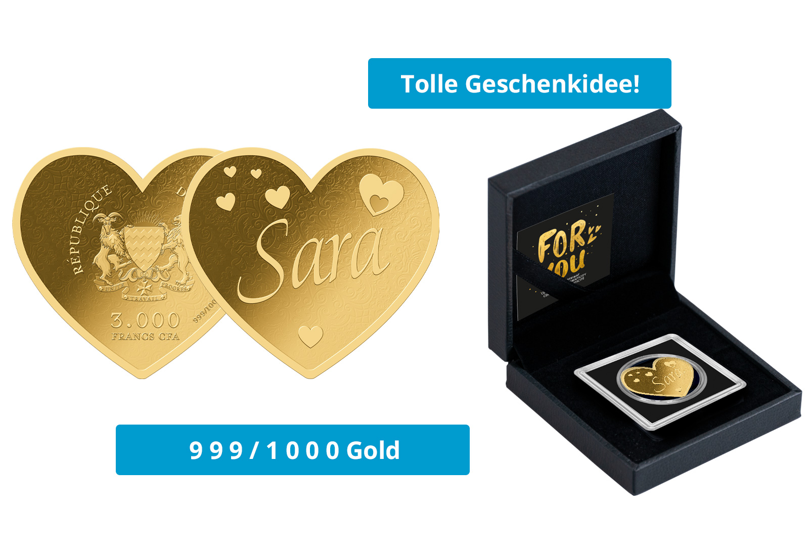 Goldmünze Motiv "Herz Sara" 999/1000 Gold im Geschenketui