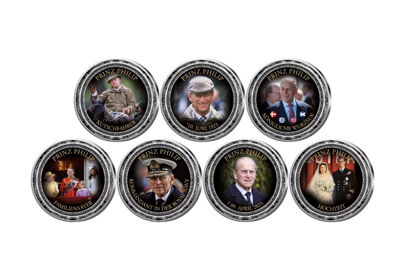 Prinz Philip 7er Kollektion mit Farbapplikation im Etui inkl. Zertifikat
