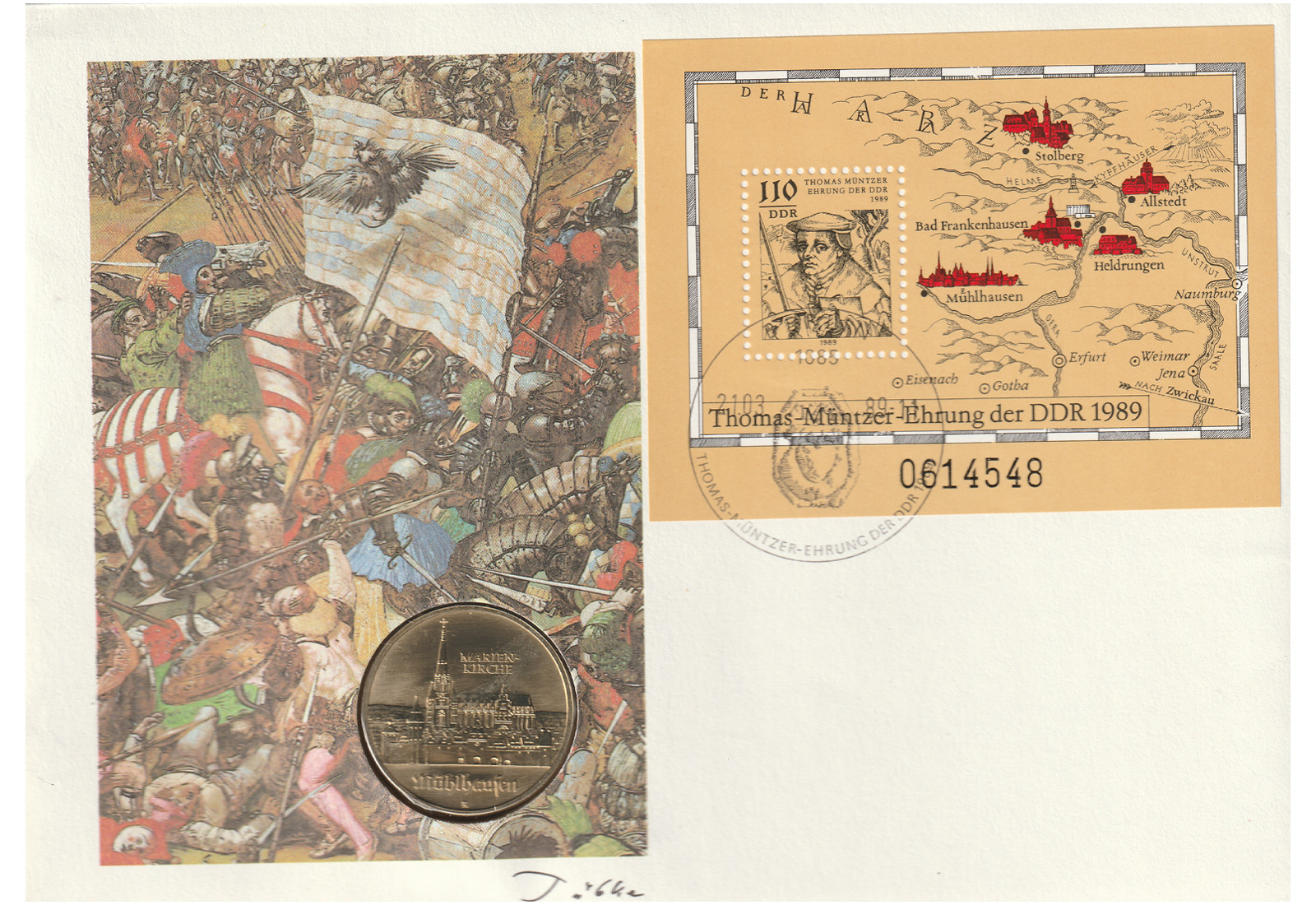 DDR Numisbrief J. 1627 5 Mark Th.-Müntzer Ehr. 1989 Marienkirche Mühlhausen