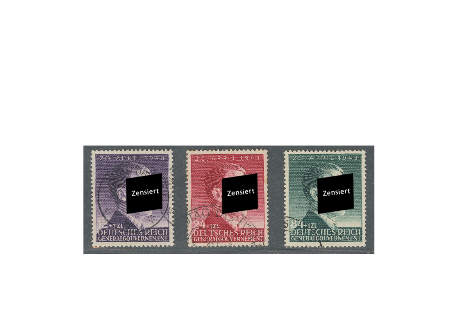 Generalgouvernement 1943: 54. Geburtstag von Adolf Hitler Michel Nr. 101/103 gestempelt