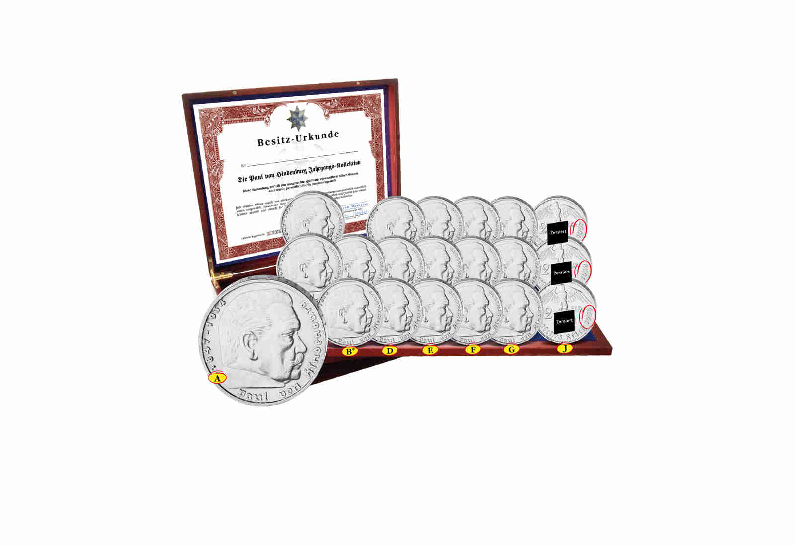2 Reichsmark Silbermünze Komplettset 1936-1939 Drittes Reich Hindenburg mit Kassette und Urkunde