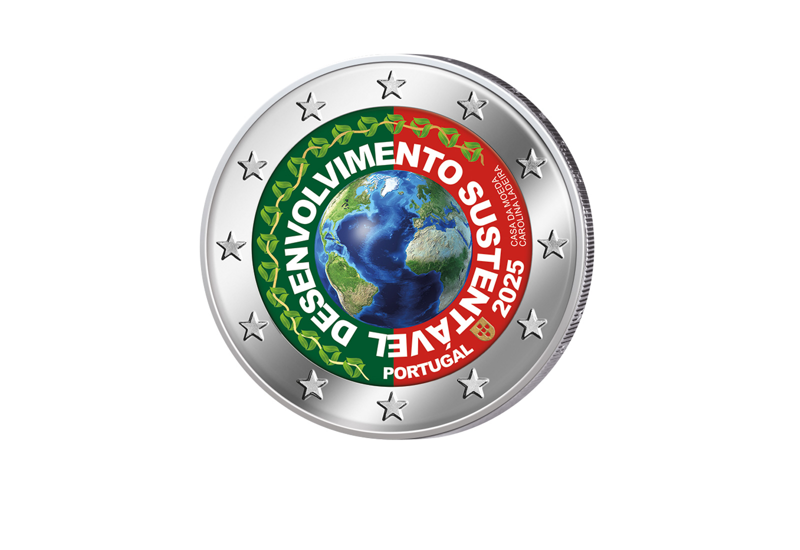 2 Euro 2025 Portugal Nachhaltige Entwicklung mit Farbapplikation