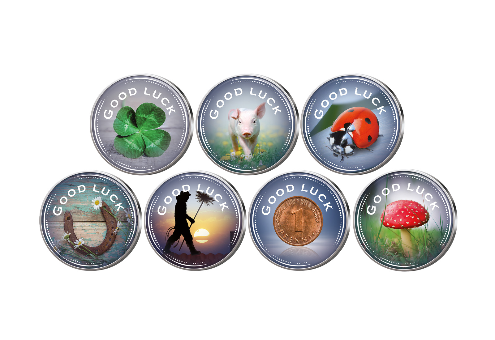 Glücksbringer 7er Kollektion mit Farbapplikation im Etui inkl. Zertifikat