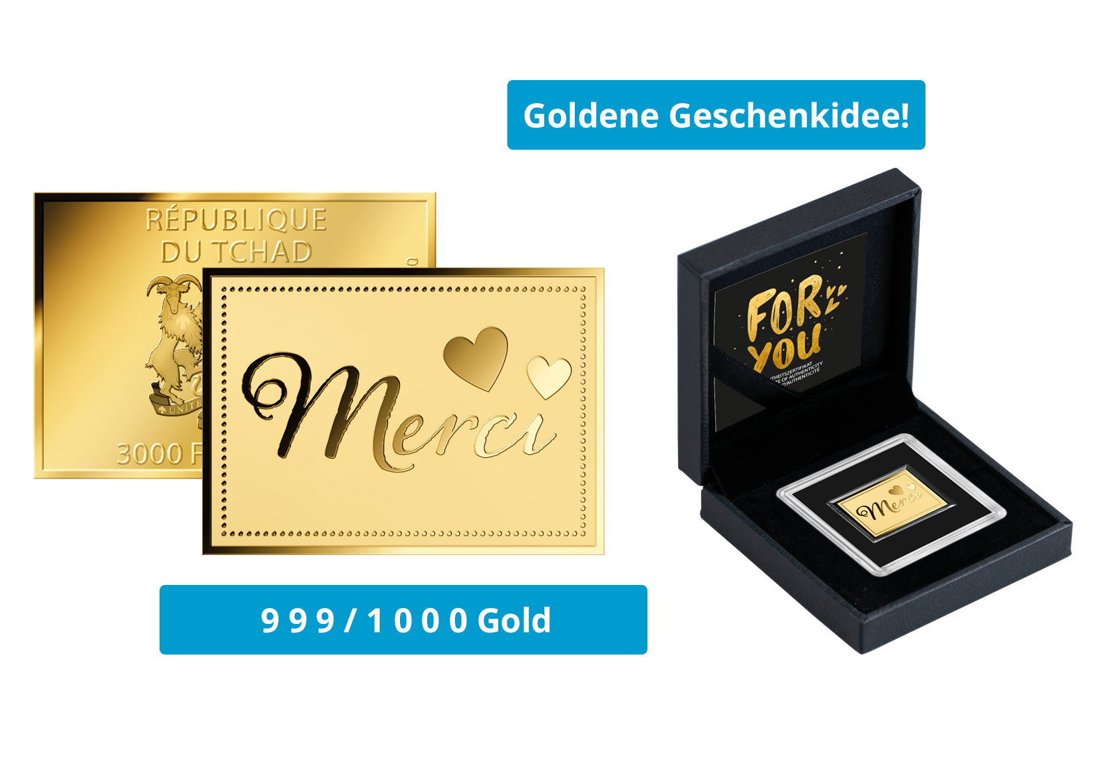 Goldmünze Motiv "Merci" 999/1000 Gold Geschenk
