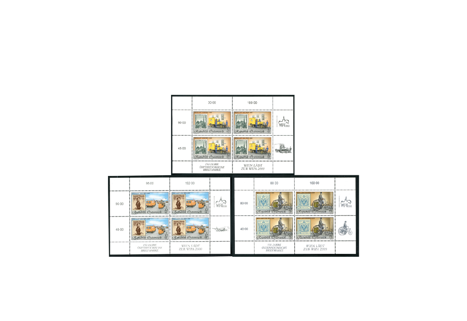 Briefmarken Österreich Kleinbogen WIPA 2000 Michel-Nr. 2222, 2270 und 2292 gestempelt