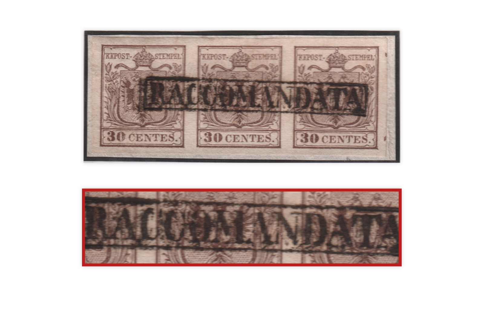 Lombardei-Venetien Mi.Nr. 4 Xa 3er-Streifen gestempelt rechts Andreaskreuz-Ansatz