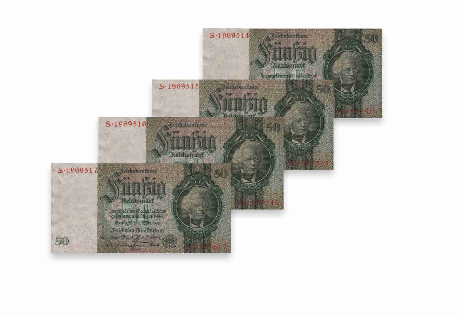50 Reichsmark Banknoten Udr.Bst. Z 4 aufeinander folgende Nummern Ro. 175a Weimarer Republik 1933