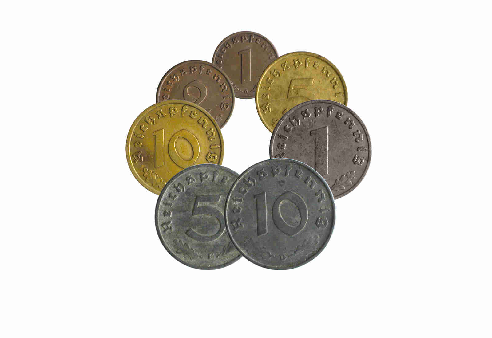 Münzen - Lot Drittes Reich 7 Münzen Jaeger-Nr. 361,362,363,364,369,370,371 mit Beschreibung