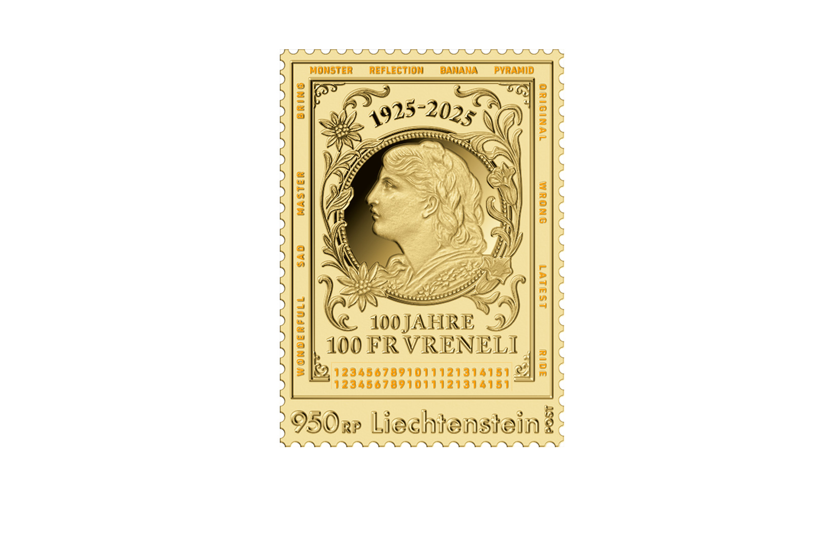 Liechtenstein Krypto Briefmarke in 999/1000 Gold - 100. Geburtstag des 100 Franken-Goldvreneli 1925