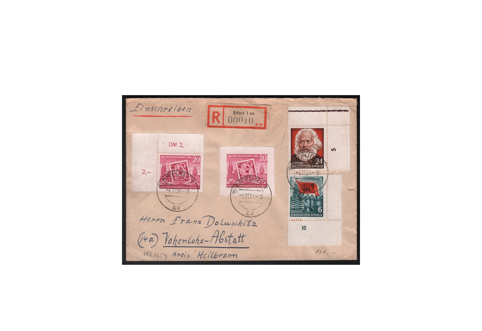 DDR Michel-Nr. 445 MiF auf R-Brief gestempelt