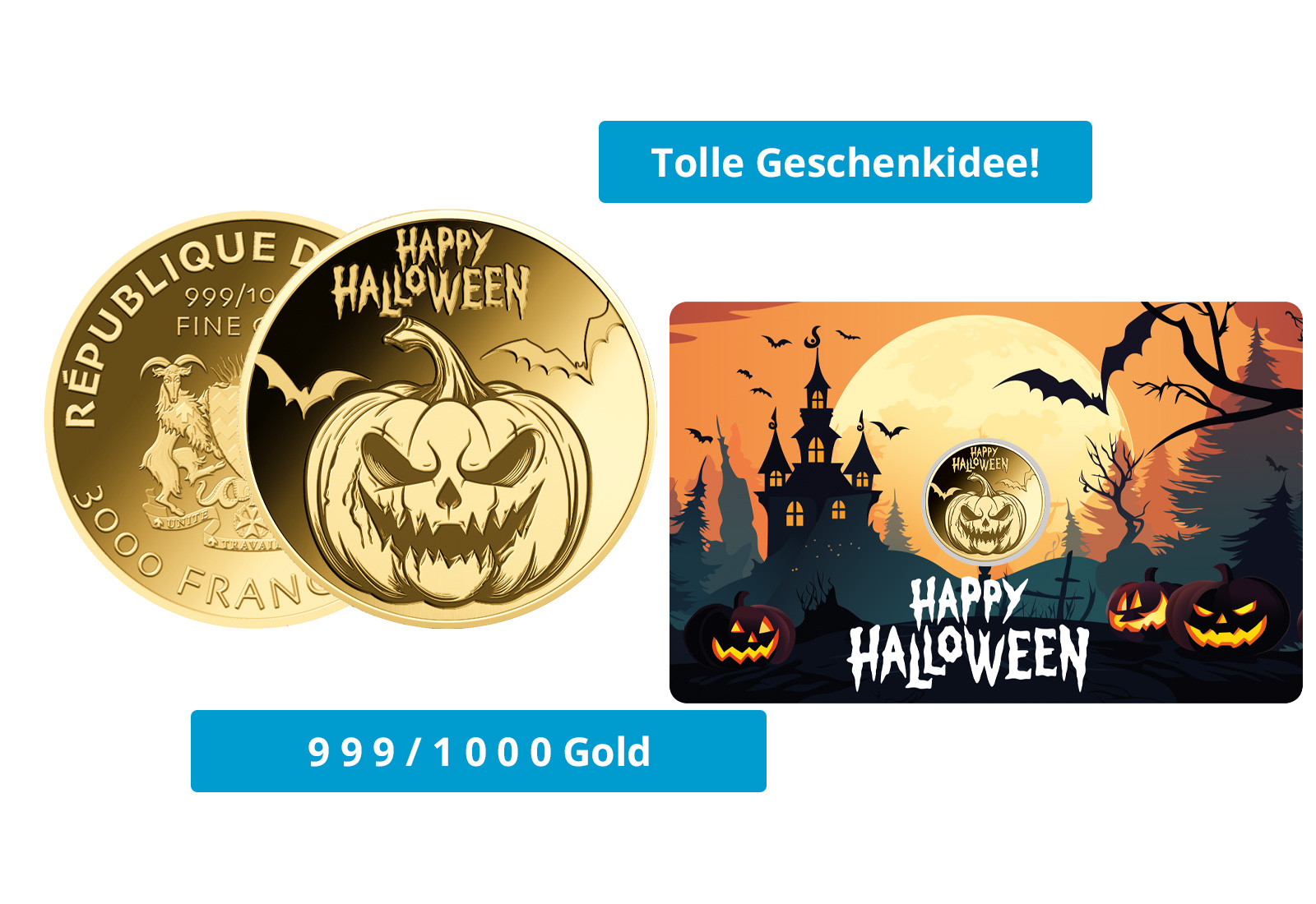 Goldmünze Motiv "Halloween-Kürbisse" Coincard Feinheit 999/1000 Gold Geschenk