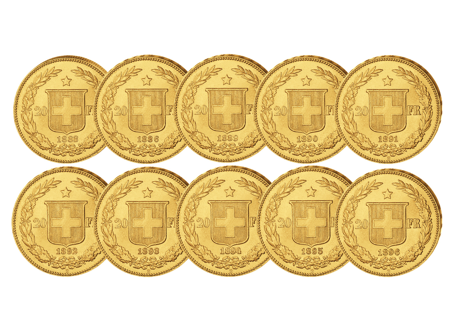 20 Franken Helvetia 1883 - 1896 Goldmünzen Schweiz als 10er-Set
