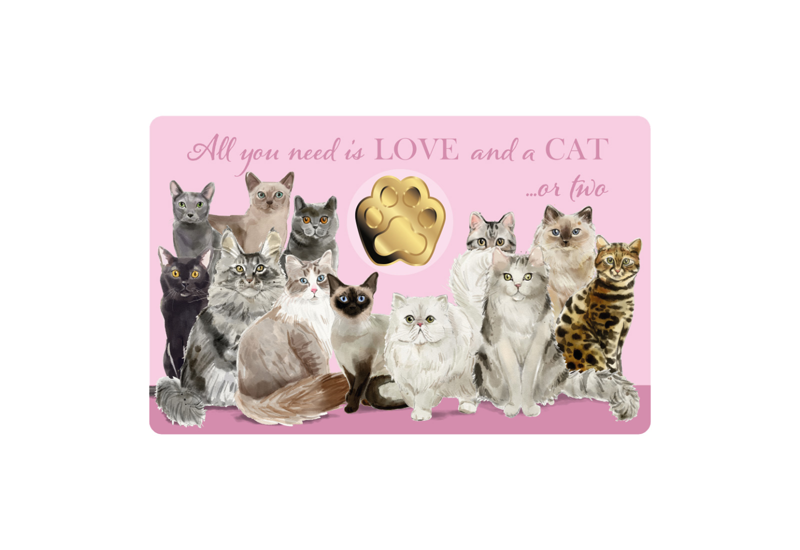 Ein charmantes Geschenk für Katzenfreunde - in edler Goldprägung
Diese liebevoll gestaltete Coincard zeigt eine Vielzahl unterschiedlicher Katzenrassen auf einem sanft rosafarbenen Hintergrund. Im Zentrum der Vorderseite befindet sich eine Goldmünze in