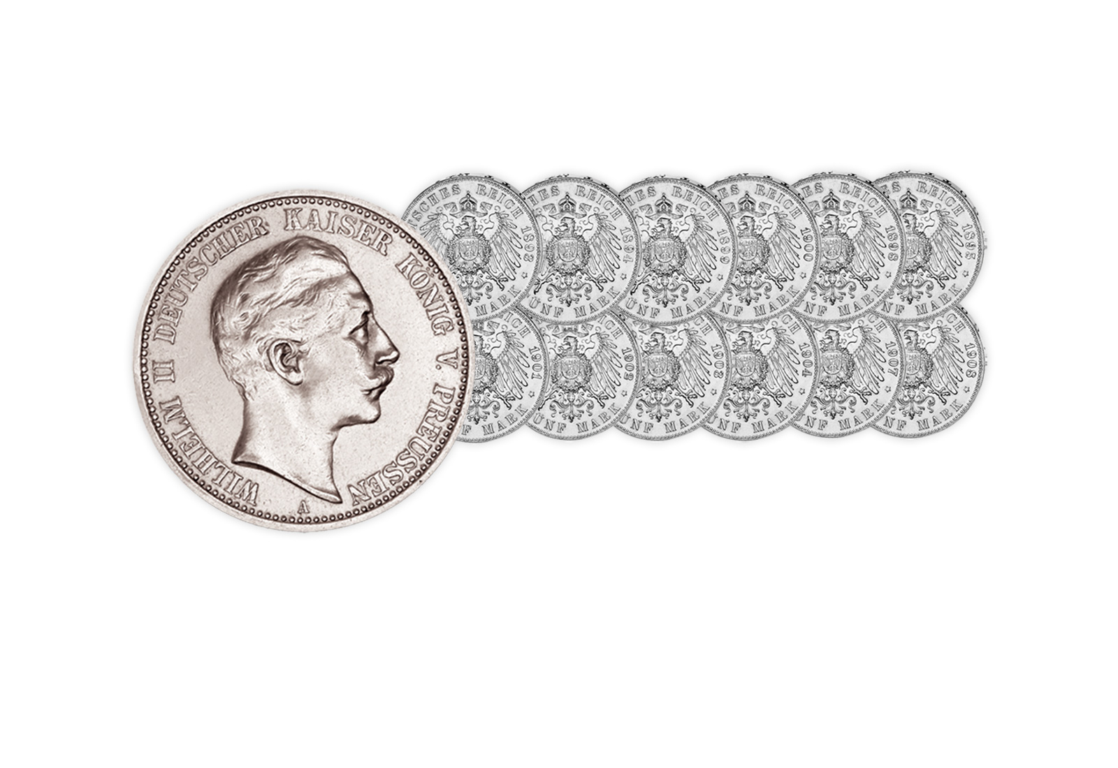 5 Mark 1893-1908 Deutsches Kaiserreich Kaiser Wilhelm II. Jahrgangsset Jaeger-Nr. 104