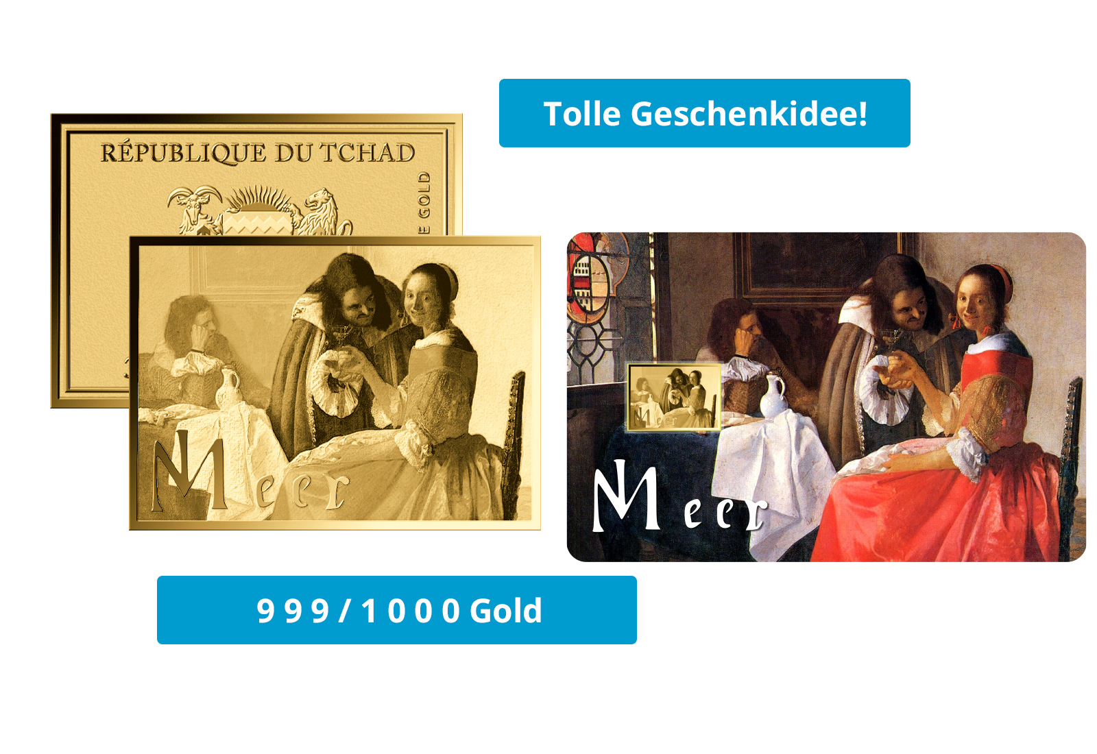 Goldmünze Motiv "Das Mädchen mit dem Weinglas - Vermeer" Coincard 999/1000 Gold Geschenk