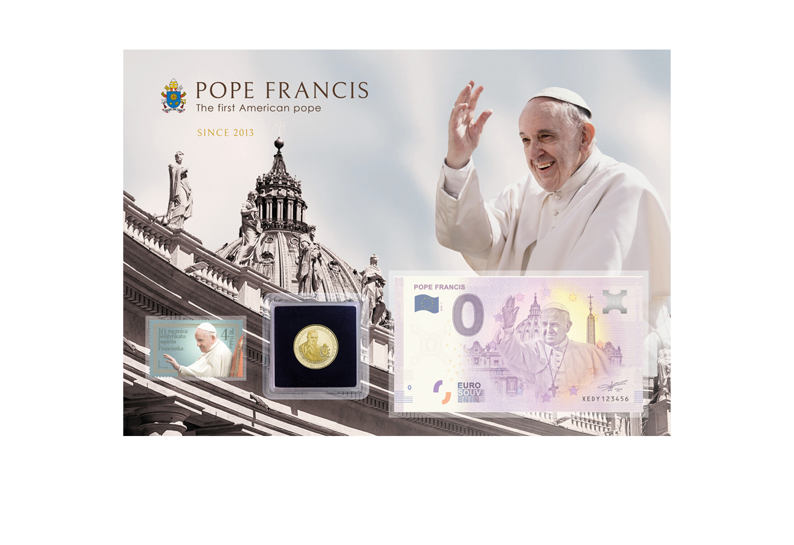 Papst Franziskus Blister - Karte inkl. Münze, Briefmarke und Banknote