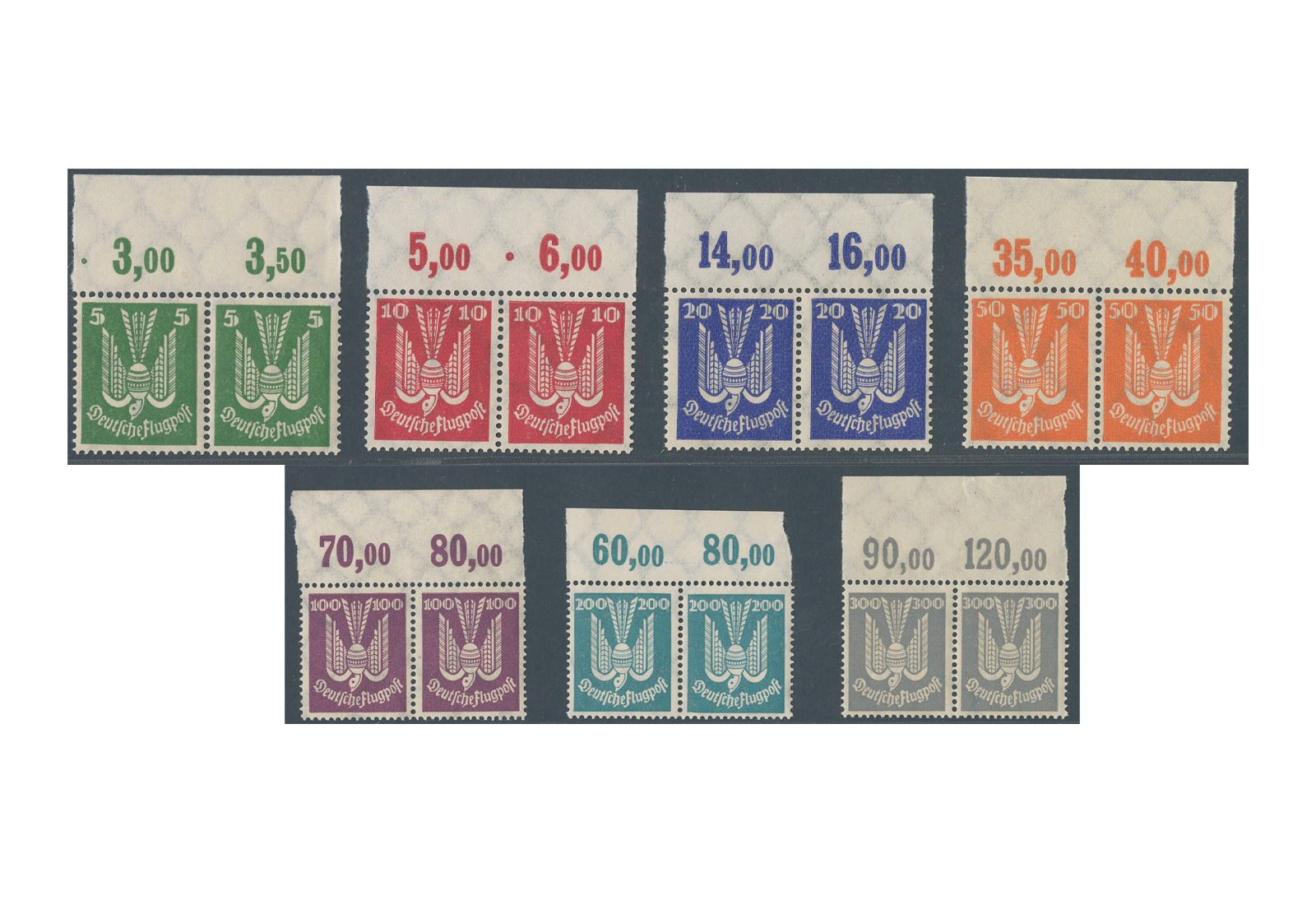 Deutsches Reich MiNr. 344-350 ** Oberrandpaare "Holztaube"