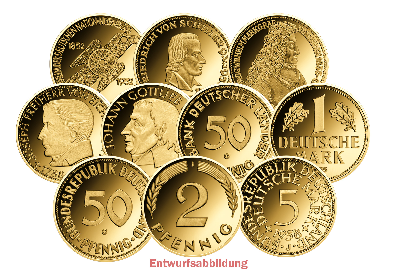 Goldausgaben Motive D-Mark-Neuprägungen aus 999/1000 Gold