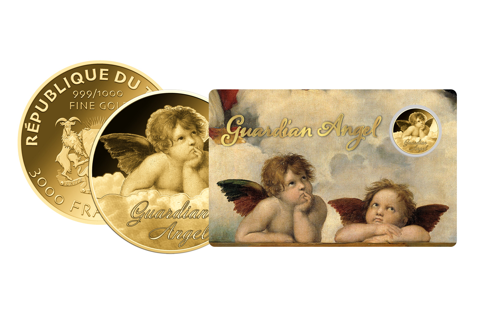Goldmünze Motiv Schutzengel Raphael Coincard Feinheit 999/1000 Geschenk
