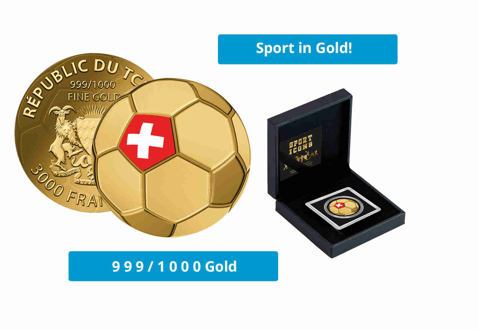 Goldmünze Motiv "Fußball Schweiz" 999/1000 Gold im Geschenketui