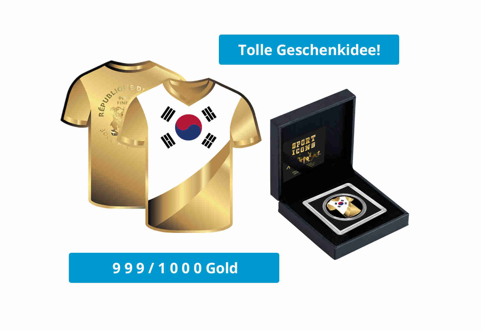Goldmünze Motiv "Trikot Südkorea" 999/1000 Gold im Geschenketui
