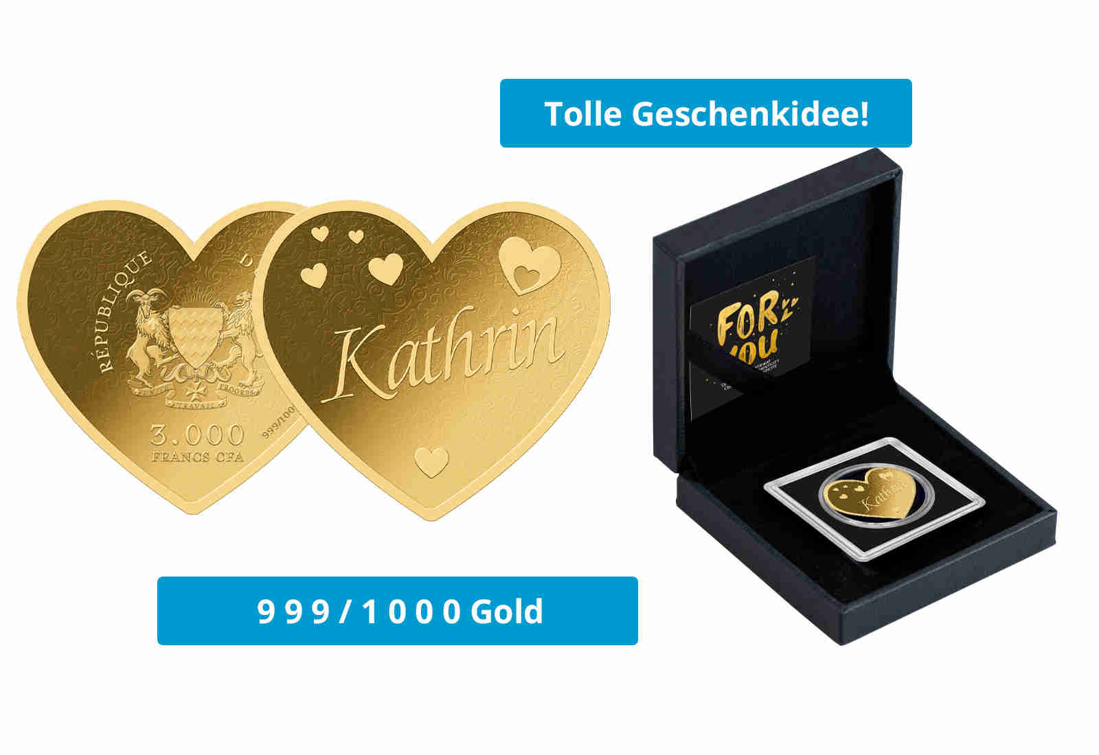 Goldmünze Motiv "Herz Kathrin" 999/1000 Gold im Geschenketui