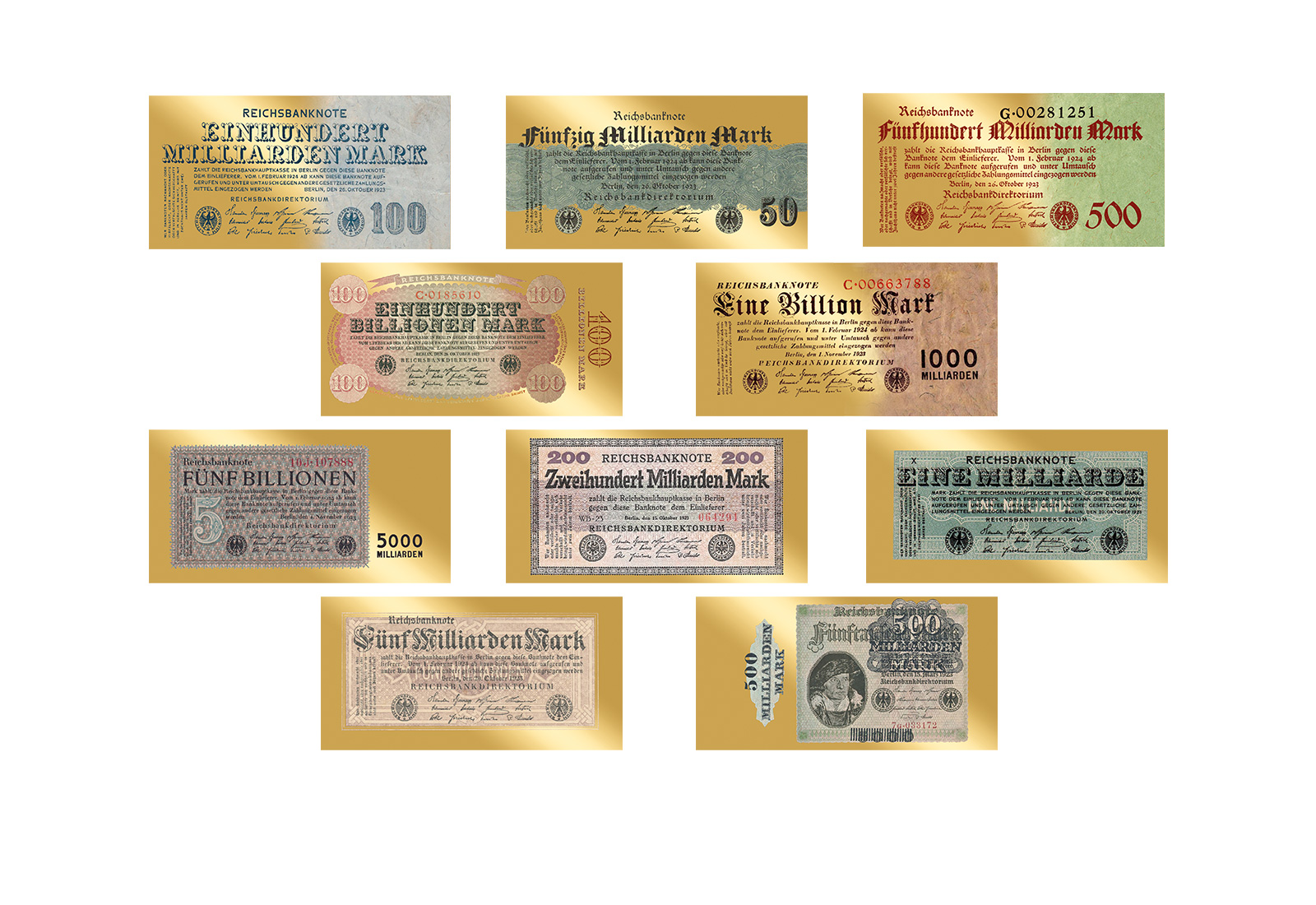 10er-Set Goldmünzen Banknoten Inflation Deutsches Reich 999/1000 Gold
