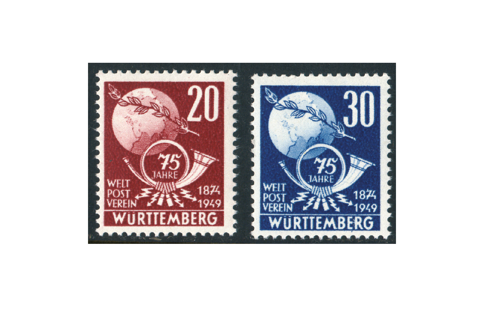 Briefmarken Württemberg 75. Jahre Weltpostverein 1949  Michel-Nr. 51/52 postfrisch