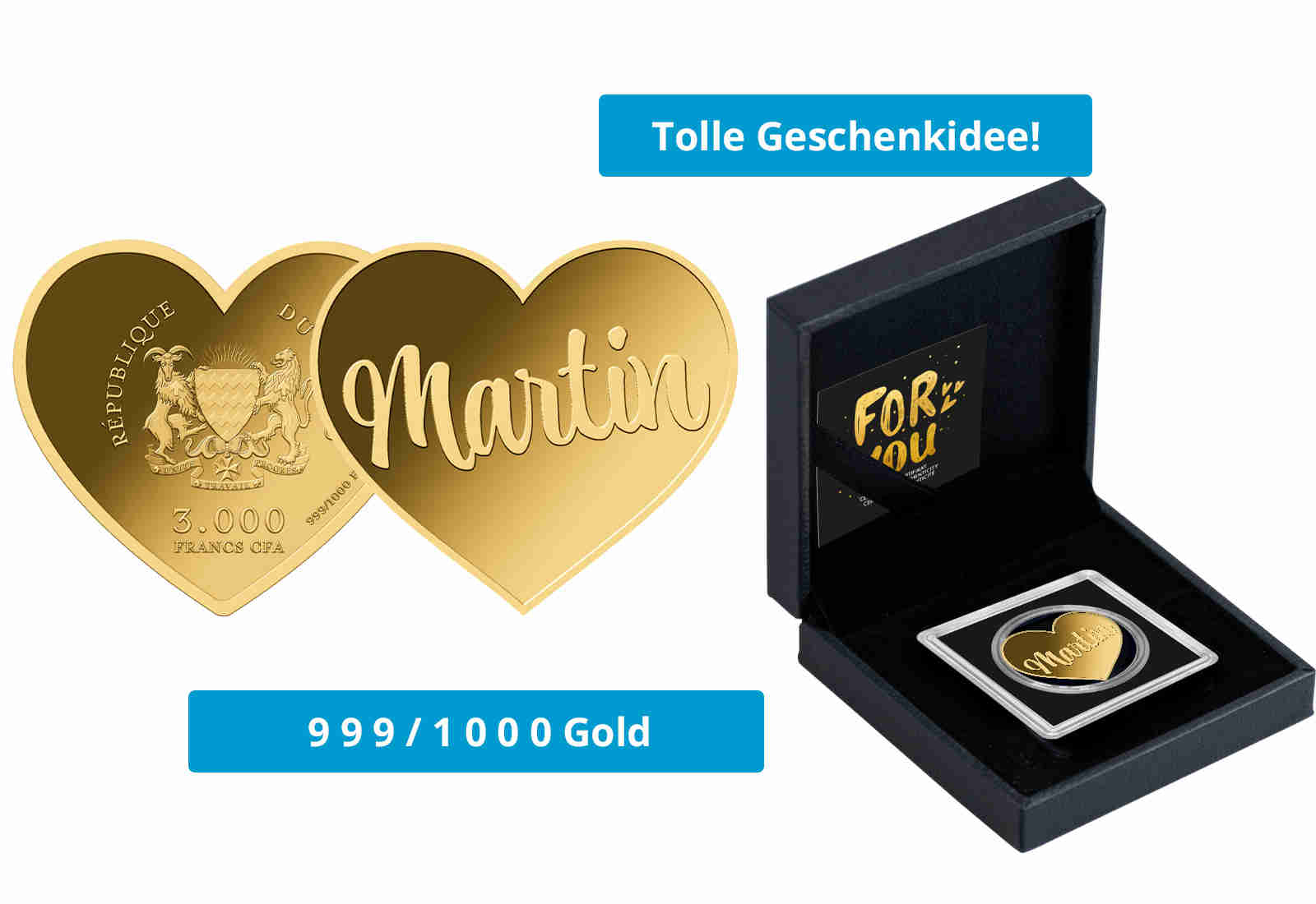 Goldmünze Motiv "Herz Martin" 999/1000 Gold im Geschenketui