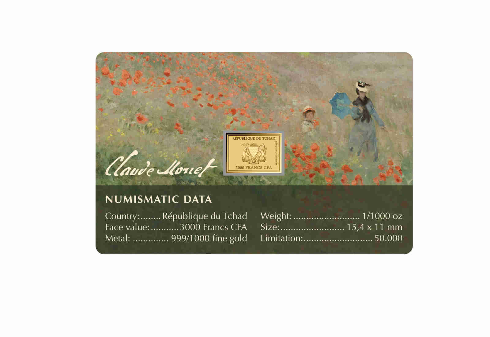 Goldmünze Motiv "Mohnfeld bei Argenteuil - Claude Monet" Coincard 999/1000 Gold Geschenk