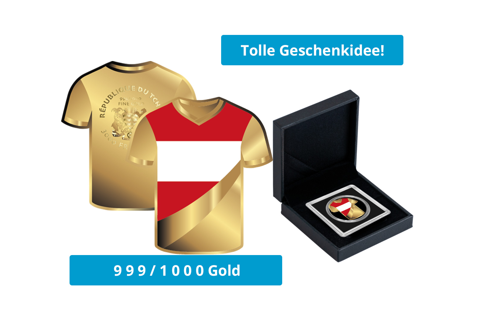 Goldmünze Motiv "Trikot Österreich" 999/1000 Gold im Geschenketui
