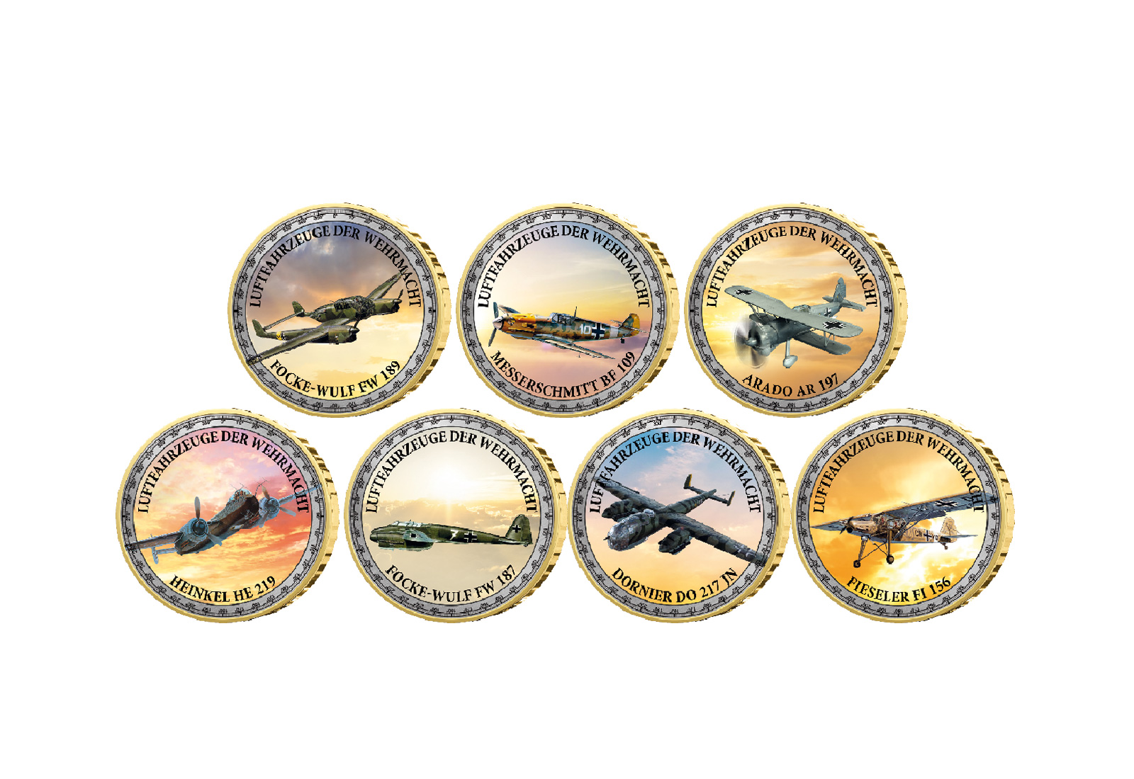 Luftfahrzeuge der Wehrmacht 7er Kollektion mit Farbapplikation im Etui inkl. Zertifikat