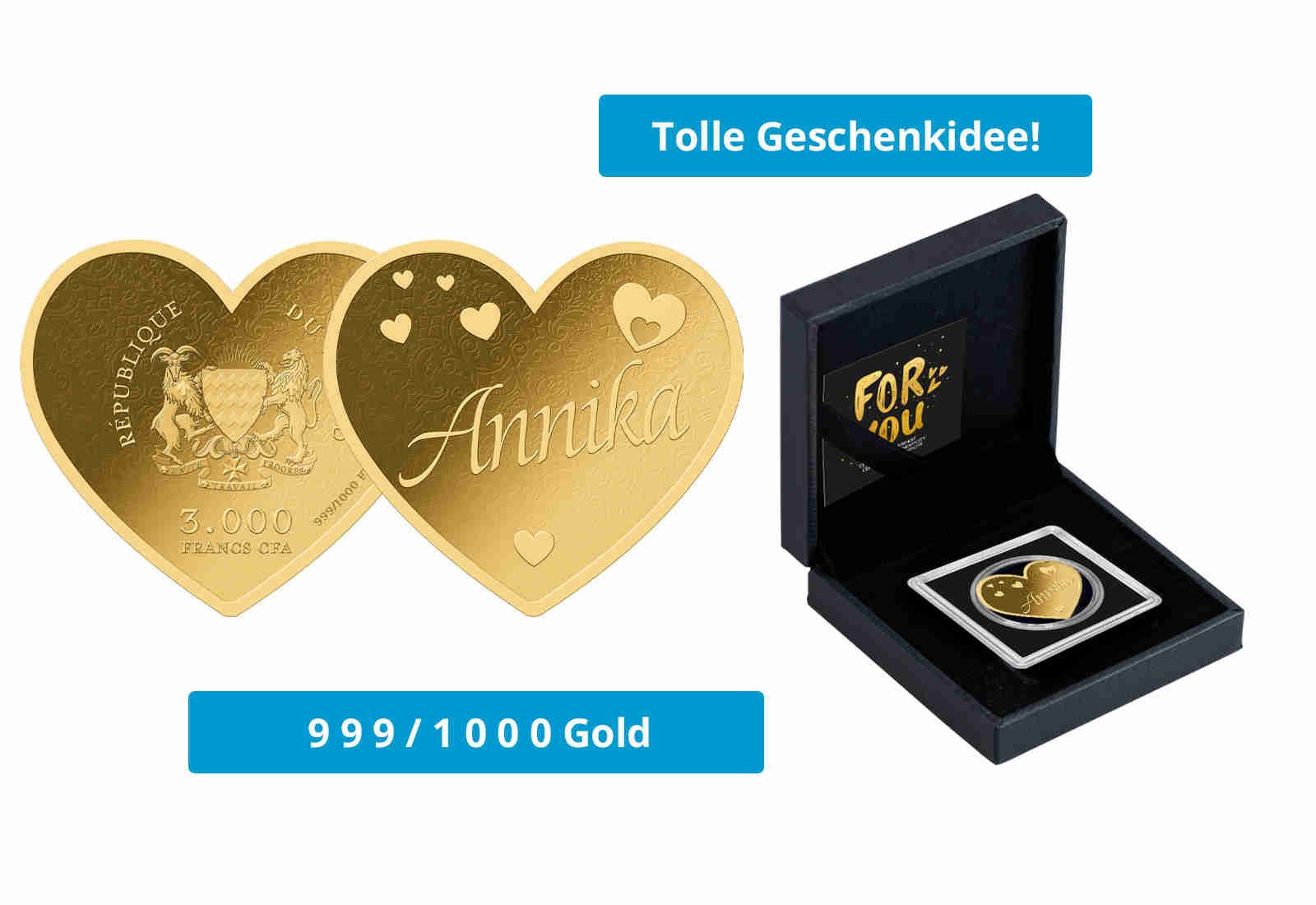 Goldmünze Motiv "Herz Annika" 999/1000 Gold im Geschenketui