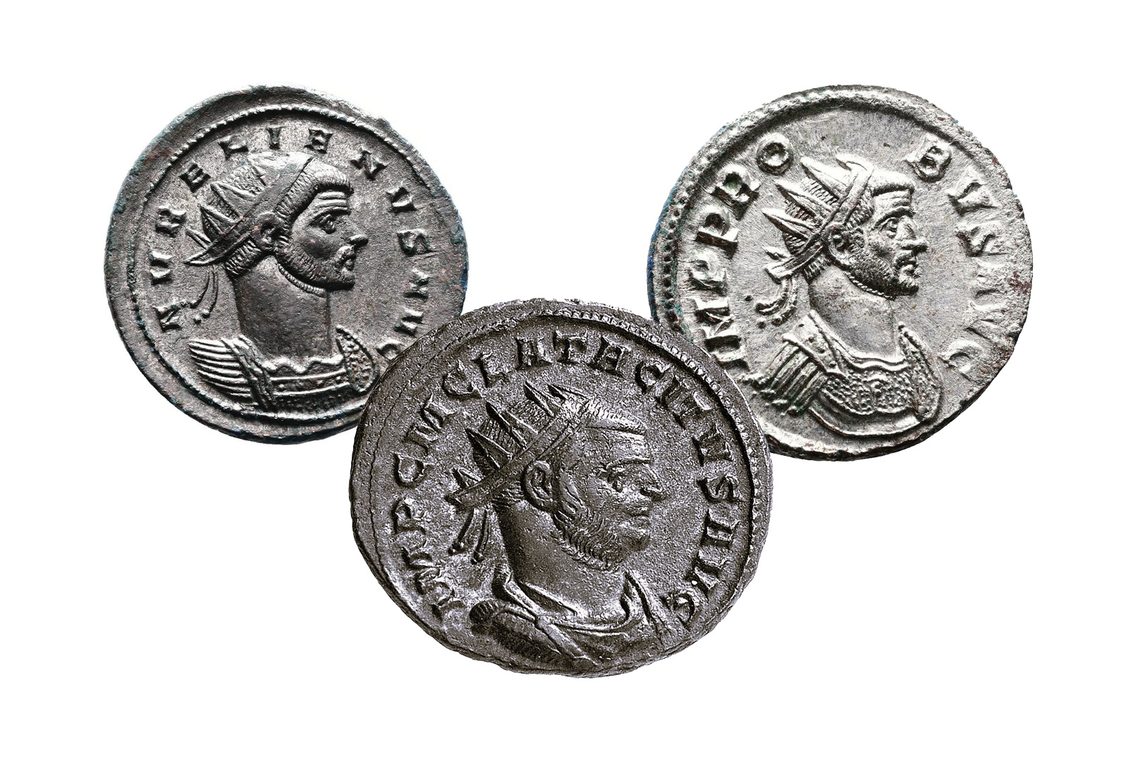 3er Set Antike Münzen Antoninian Aurelianus,Tacitus& Probus im Etui mit Zertifikat