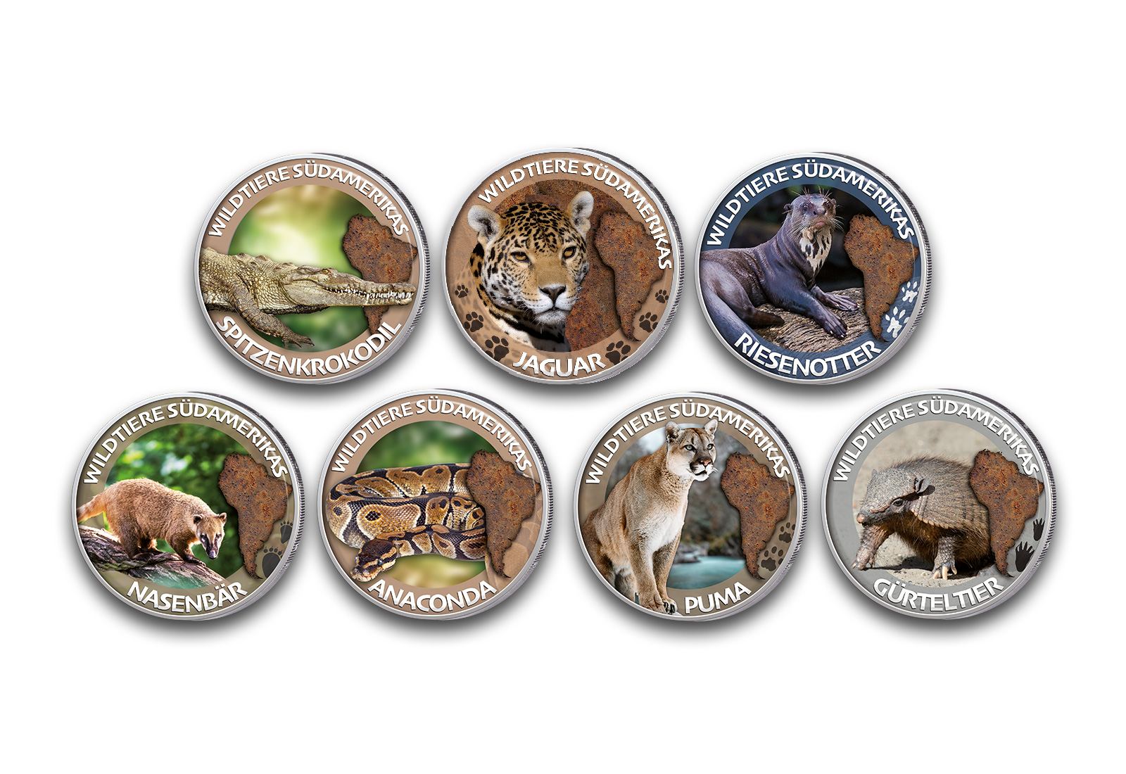 Südamerikas Wildtiere 7er Kollektion mit Farbapplikation im Etui inkl. Zertifikat