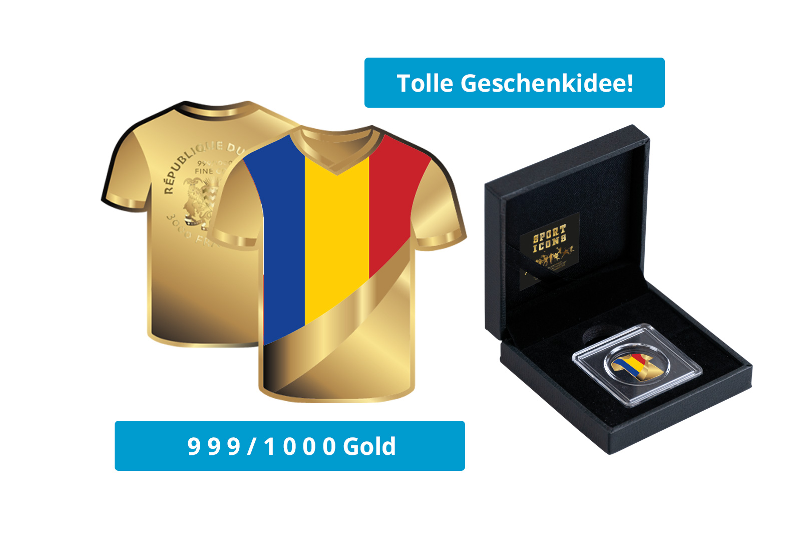 Goldmünze Motiv "Trikot Rumänien" im Geschenketui